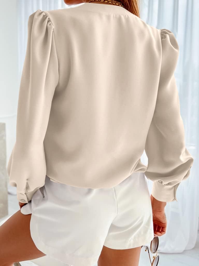 Women's Business Casual Tops Summer Long Sleeve Button Down Shirts V Neck Chiffon Blouses