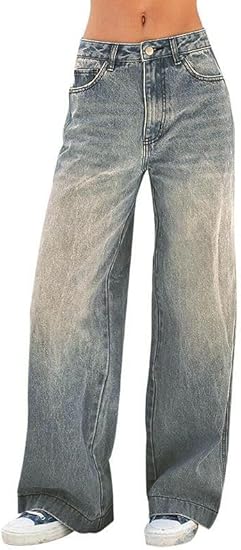 Women's  Wide Leg Jeans Distress Mid Waist Denim Pants Vintage Y2K Trousers