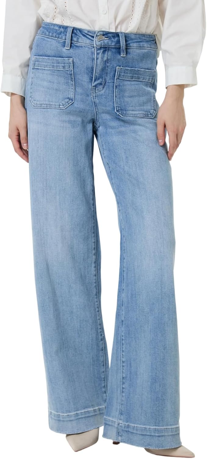 Jeans for Women Wide Leg Stretchy Loose Baggy with Patch Pockets Trendy High Waisted Straight Leg Jeans (Runs Large)