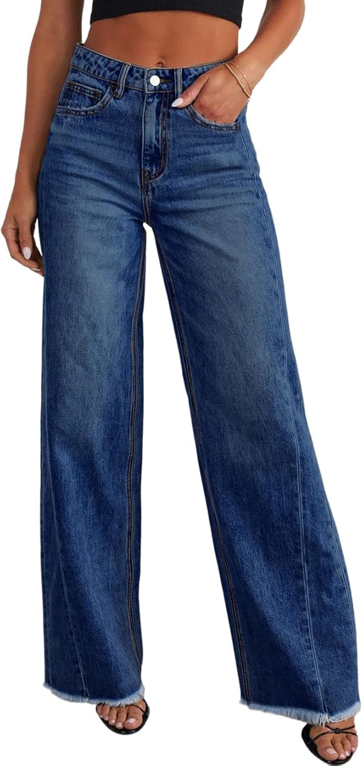Women's Wide Leg Jeans High Waisted Stretchy Raw Hem  Denim Pants