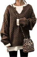 Women's Winter Chunky V Neck Long Sleeve Loose Cable Knit Sweater Pullover