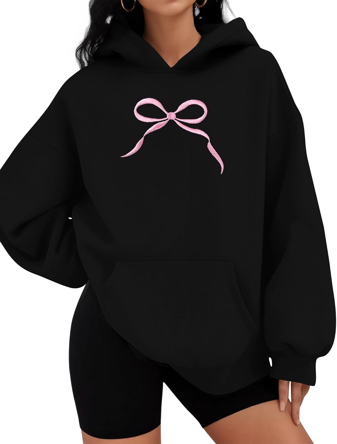 Oversized Bow Hoodie Cute Clean Girl Embroidered Sweatshirts Coquette Preppy Sweater Y2k Pullover Top Teen Girls