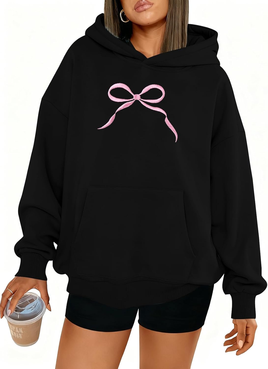 Oversized Bow Hoodie Cute Clean Girl Embroidered Sweatshirts Coquette Preppy Sweater Y2k Pullover Top Teen Girls