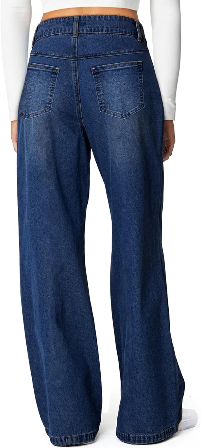 Women's Wide Leg Jeans High Waisted Stretchy Straight Leg Jeans Trendy Seamed Front Loose Denim Pants