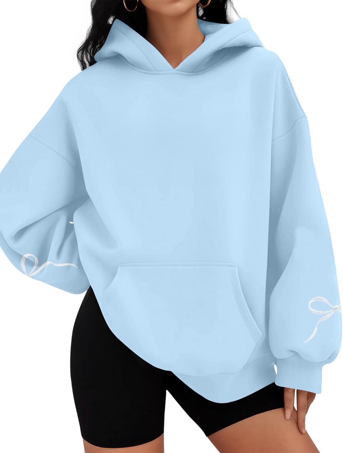 Oversized Bow Hoodie Cute Clean Girl Embroidered Sweatshirts Coquette Preppy Sweater Y2k Pullover Top Teen Girls