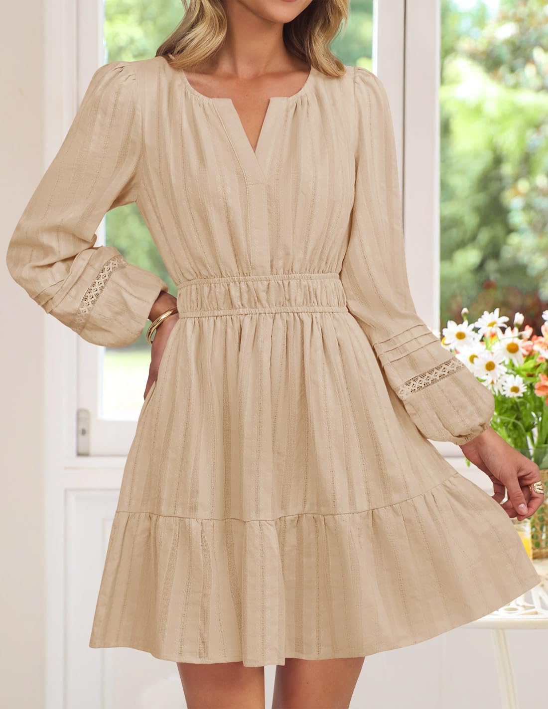 Long Sleeve V Neck Mini Dresses for Women  Fall High Waist Ruffle Pleated A Line Cocktail Party Short Dress