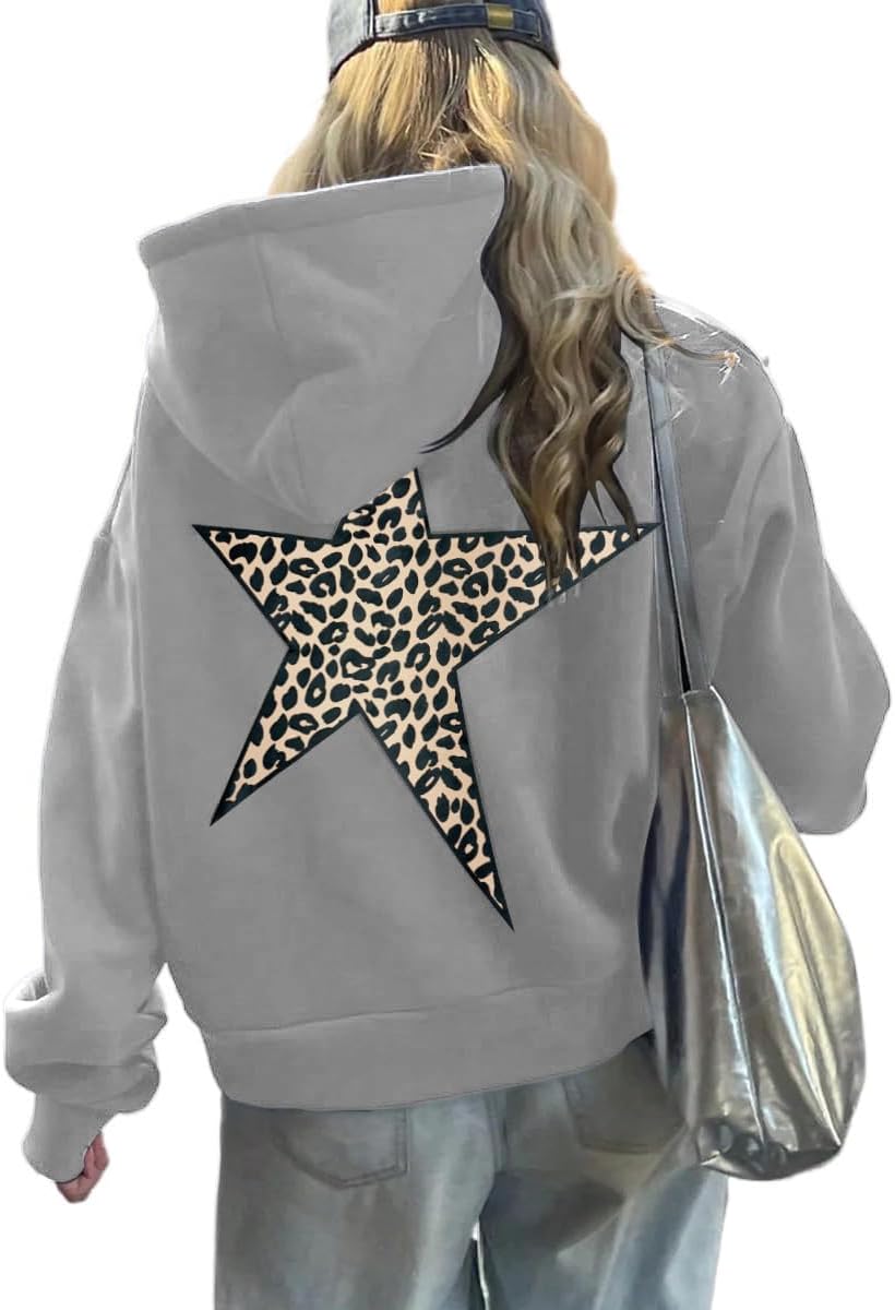 Hoodies for Womens Y2k Oversized Star Print Sweatshirts Aesthetic Cheetah Graphic Hooded Hoodie