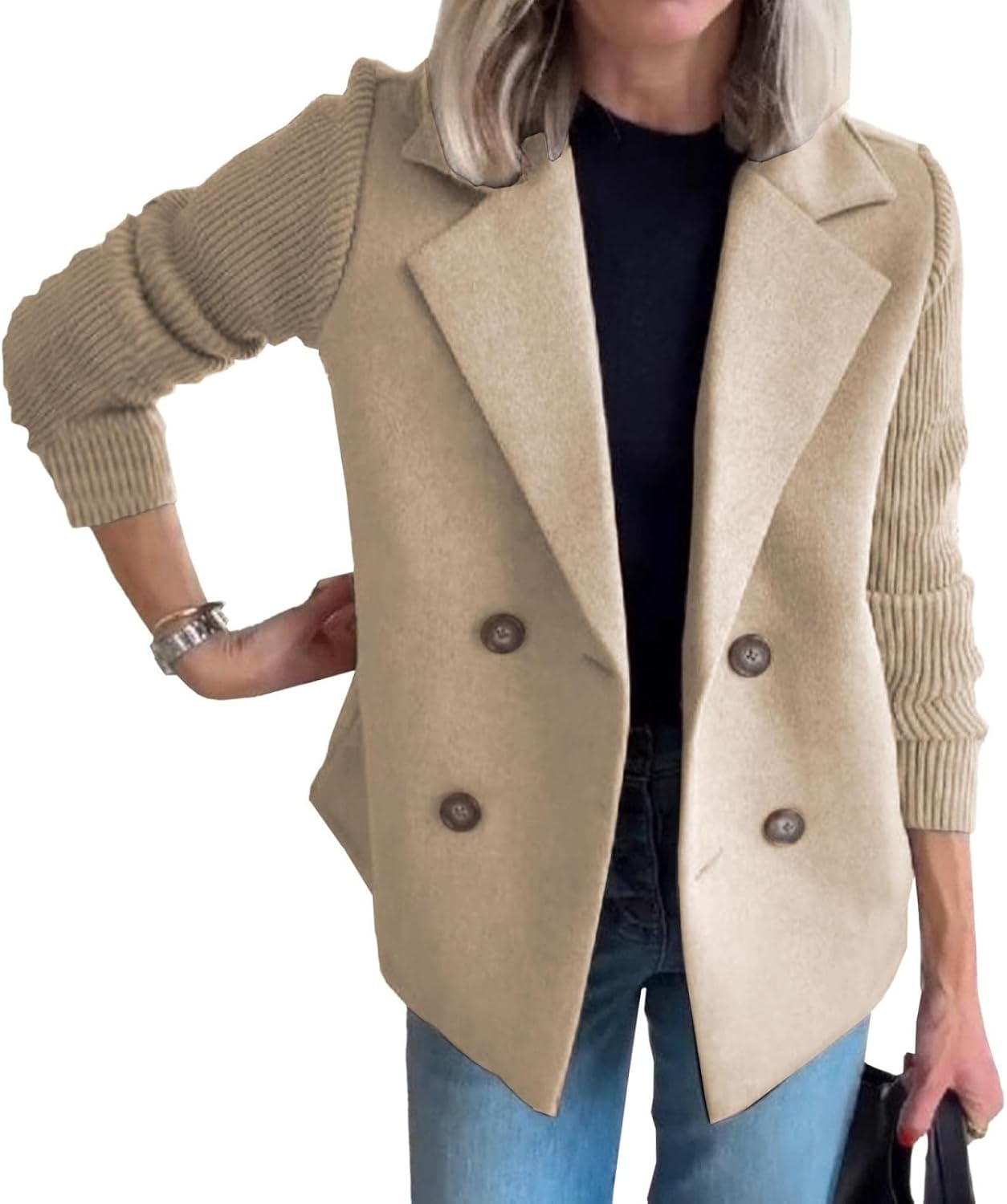 Women's Lapel Button Knitted Patchwork Sleeve Casual Coat Cropped Sweater Blazer Patchwork Jacket Business Work Coats
