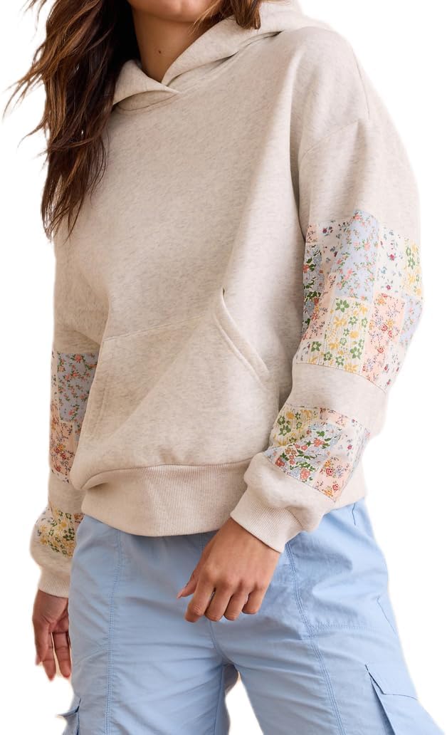 Cute Hoodies for Teen Girls Floral Embroidered Patchwork Hoodie Y2k Oversized Pullover Sweatshirt Preppy Streetwear