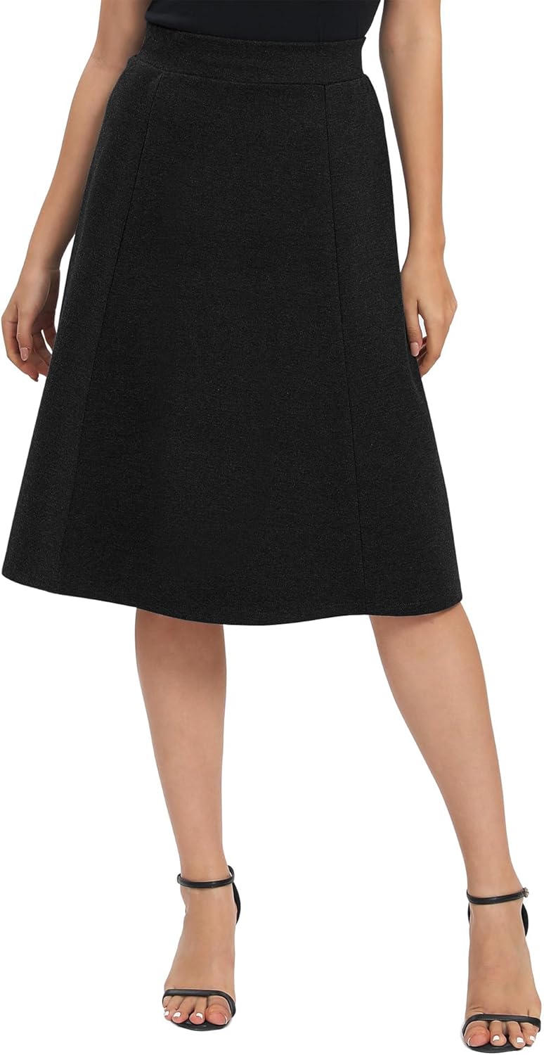 Women A-Line Elastic High Waist Flare Work Midi Knee Length Stretchy Skirt