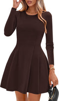 Long Sleeve Mini Dress for Women  Fall Crewneck Knit Pleated Babydoll A Line Soft Casual Short Party Dresses