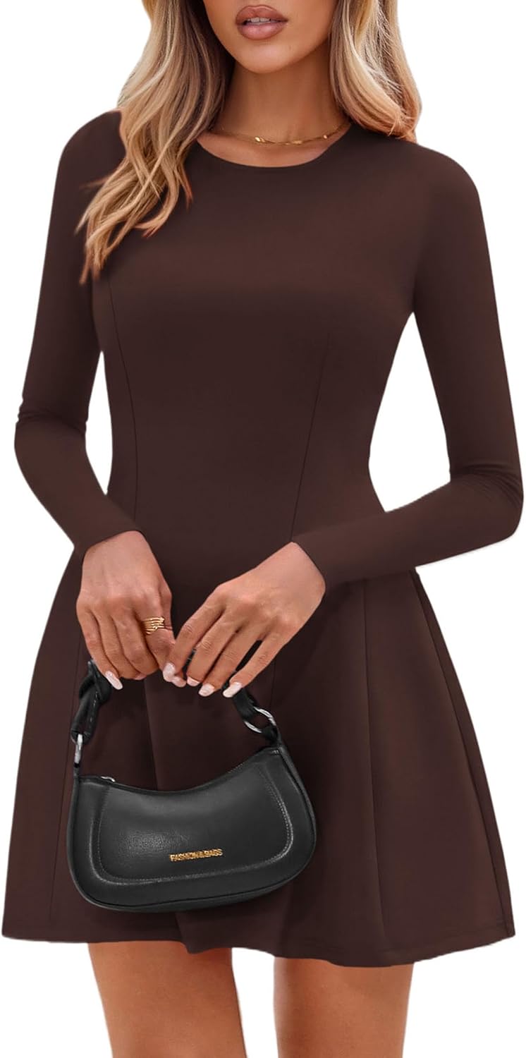 Long Sleeve Mini Dress for Women  Fall Crewneck Knit Pleated Babydoll A Line Soft Casual Short Party Dresses