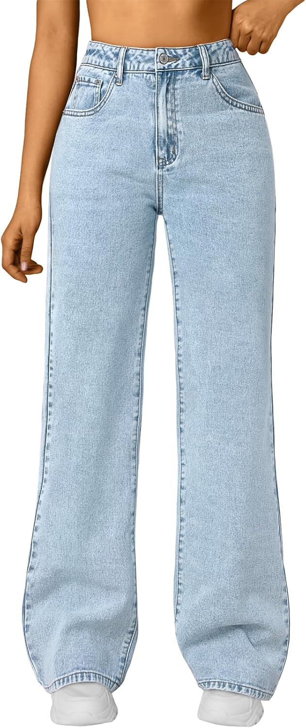 Women's High Waisted Straight Wide Leg Jeans, Comfort Stretch Baggy Denim Pants