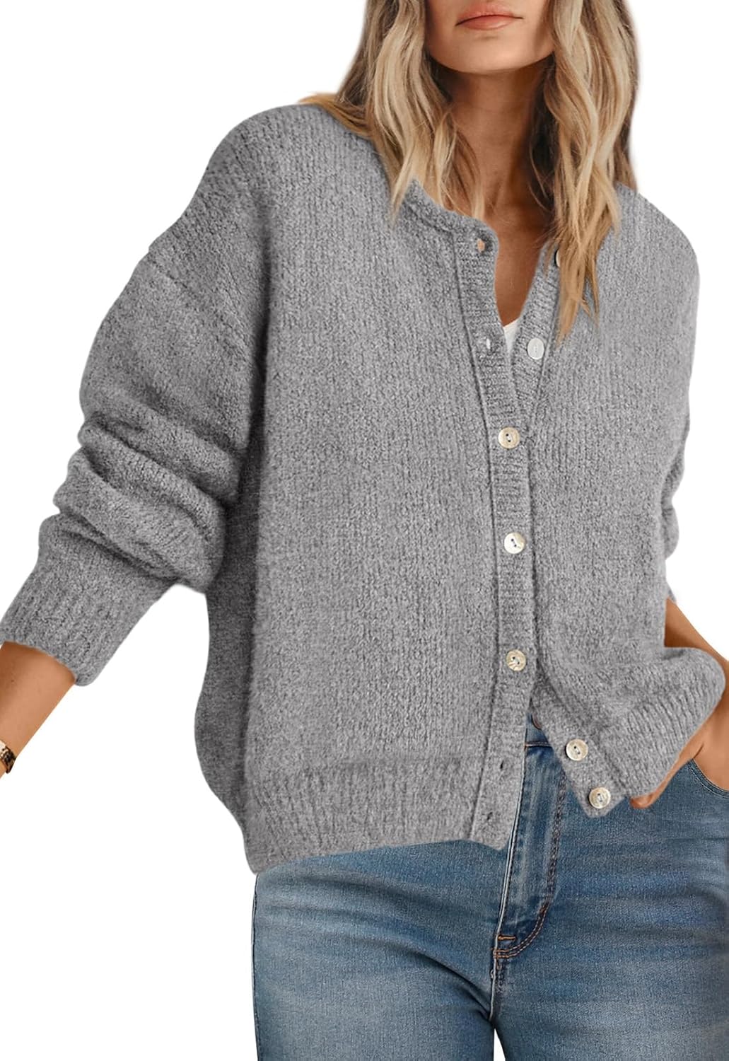 Long Sleeve Crewneck Button Down Womens Sweaters Fall Open Front Chunky Cardigan Sweaters for Women