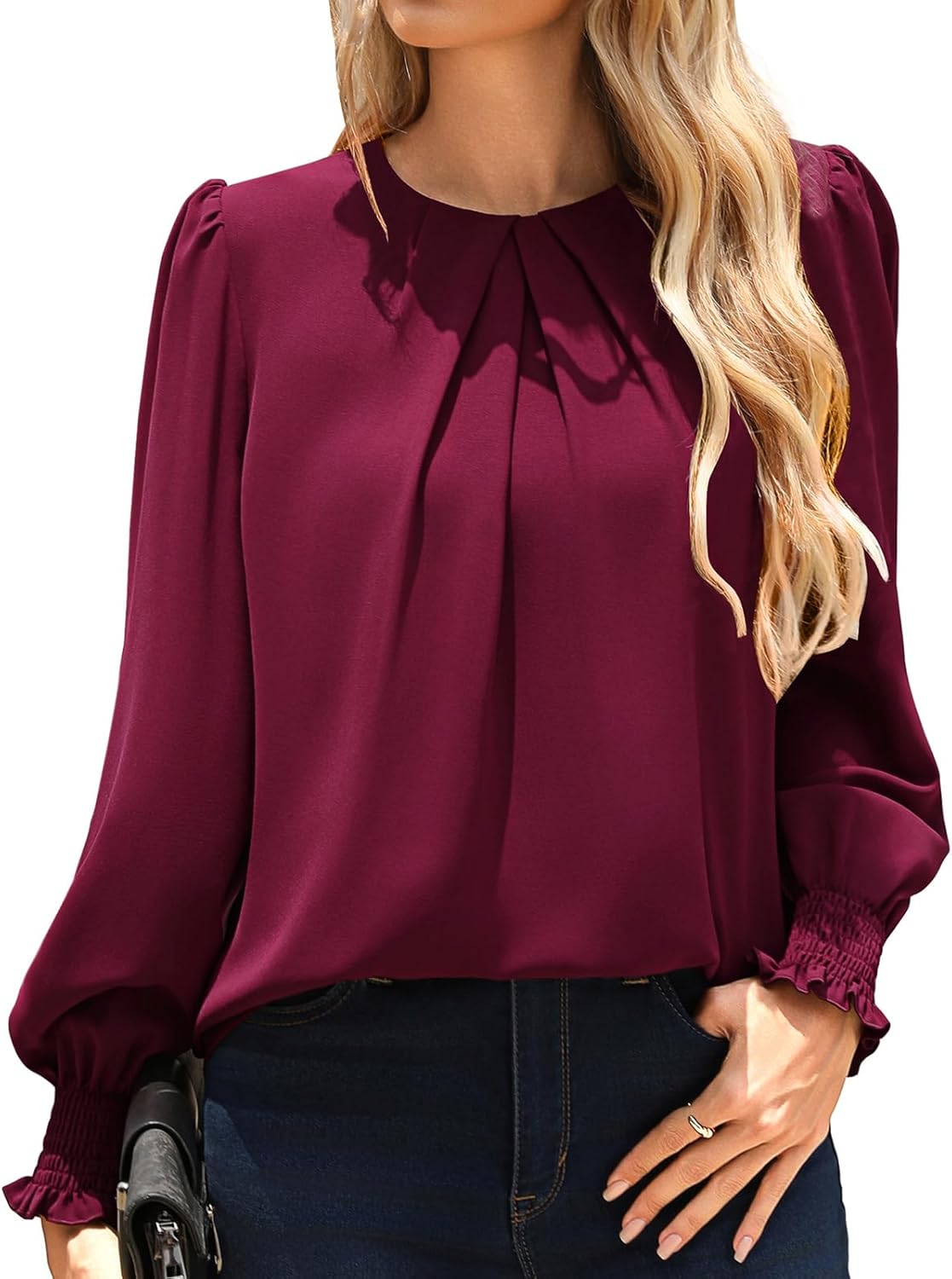 Womens Dressy Business Casual Tops, Pleated Long Sleeve Shirts, Office Work Blouses