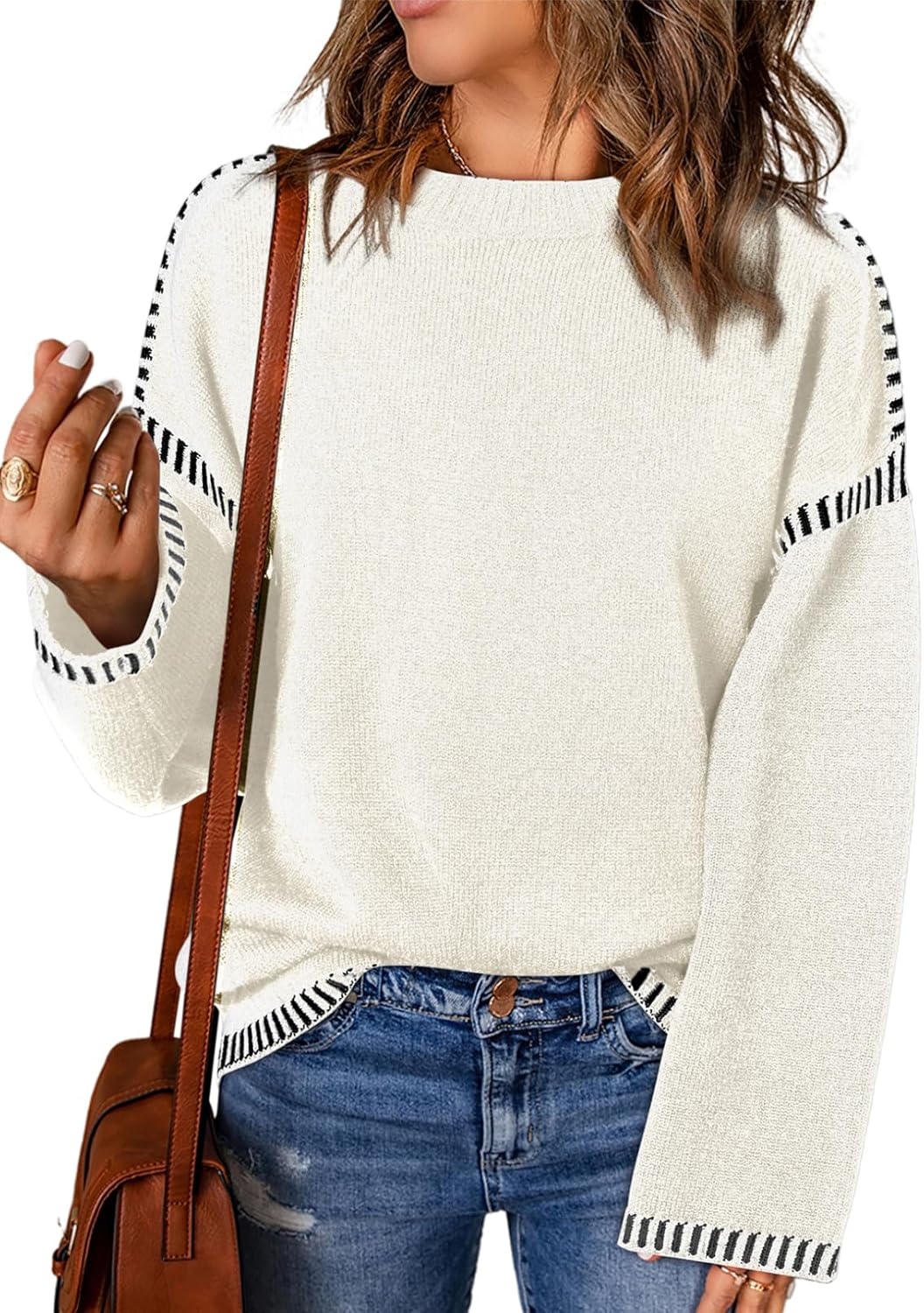 Sweaters for Women Fashion Solid Crewneck Loose Fit Long Sleeve Contrast Cable Knit Pullover Sweater Jumper Tops