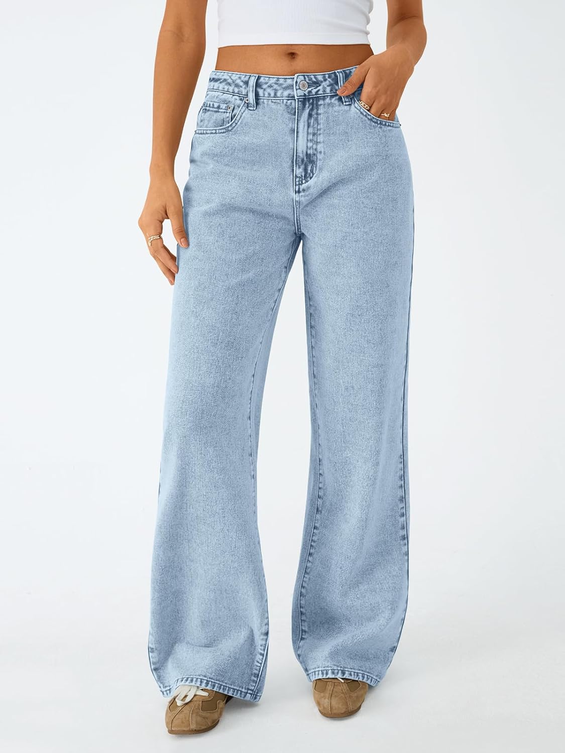 Women's High Waisted Straight Wide Leg Jeans, Comfort Stretch Baggy Denim Pants