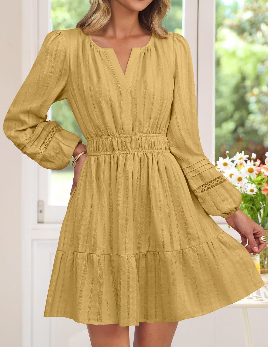 Long Sleeve V Neck Mini Dresses for Women  Fall High Waist Ruffle Pleated A Line Cocktail Party Short Dress