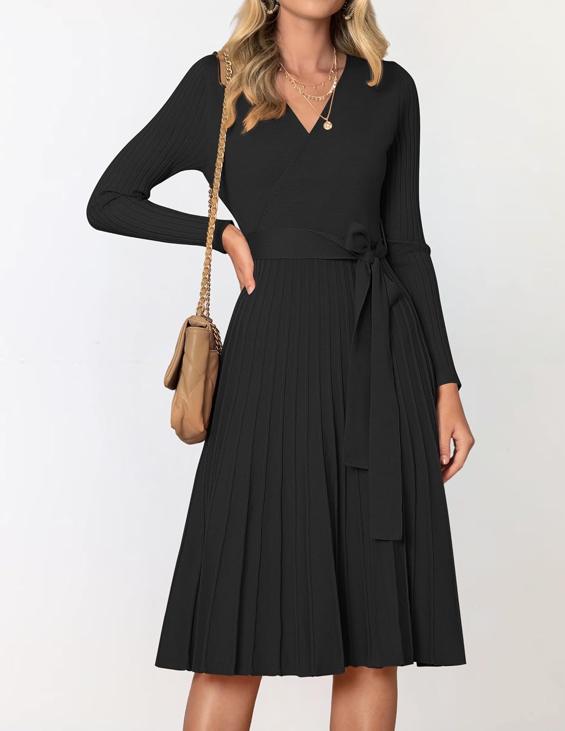 Women's Fall Long Sleeve Wrap V Neck Ribbed Knit Pleated A Line Pullover Sweater Dress with Belt
