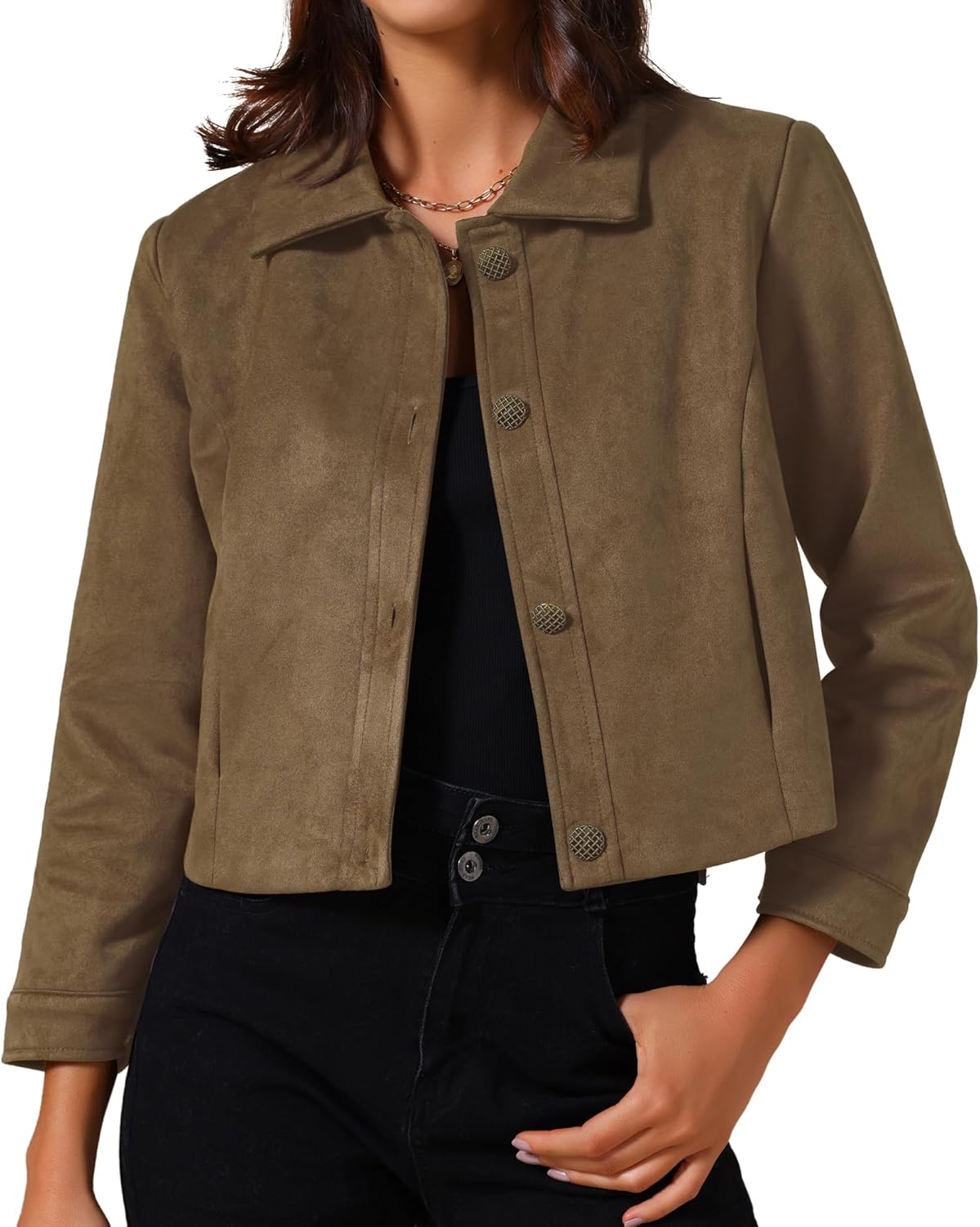 Womens Faux Suede Cropped Jacket Collar Long Sleeve Button Down Short Jackets Coat