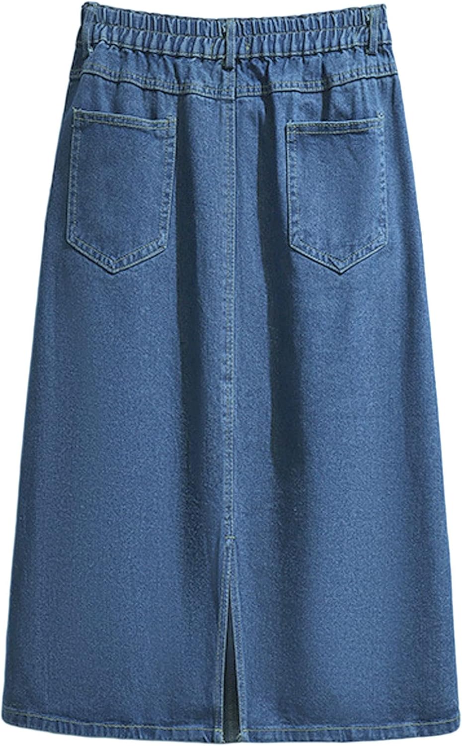 Women Summer Casual Elastic Waist Pockets Work Midi Denim A Line Skirt