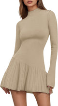 Women's Sweater Dress Crochet Ribbed Knit Ruffle Hem Flared Long Sleeve Mock Neck Mini Dress