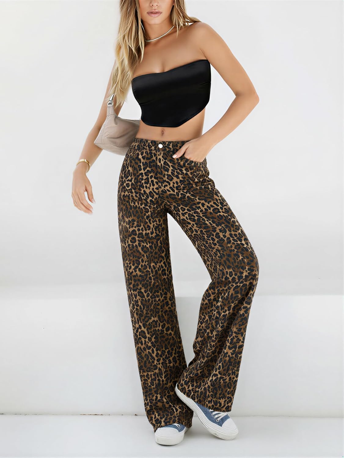 Women's  Wide Leg Jeans Distress Mid Waist Denim Pants Vintage Y2K Trousers