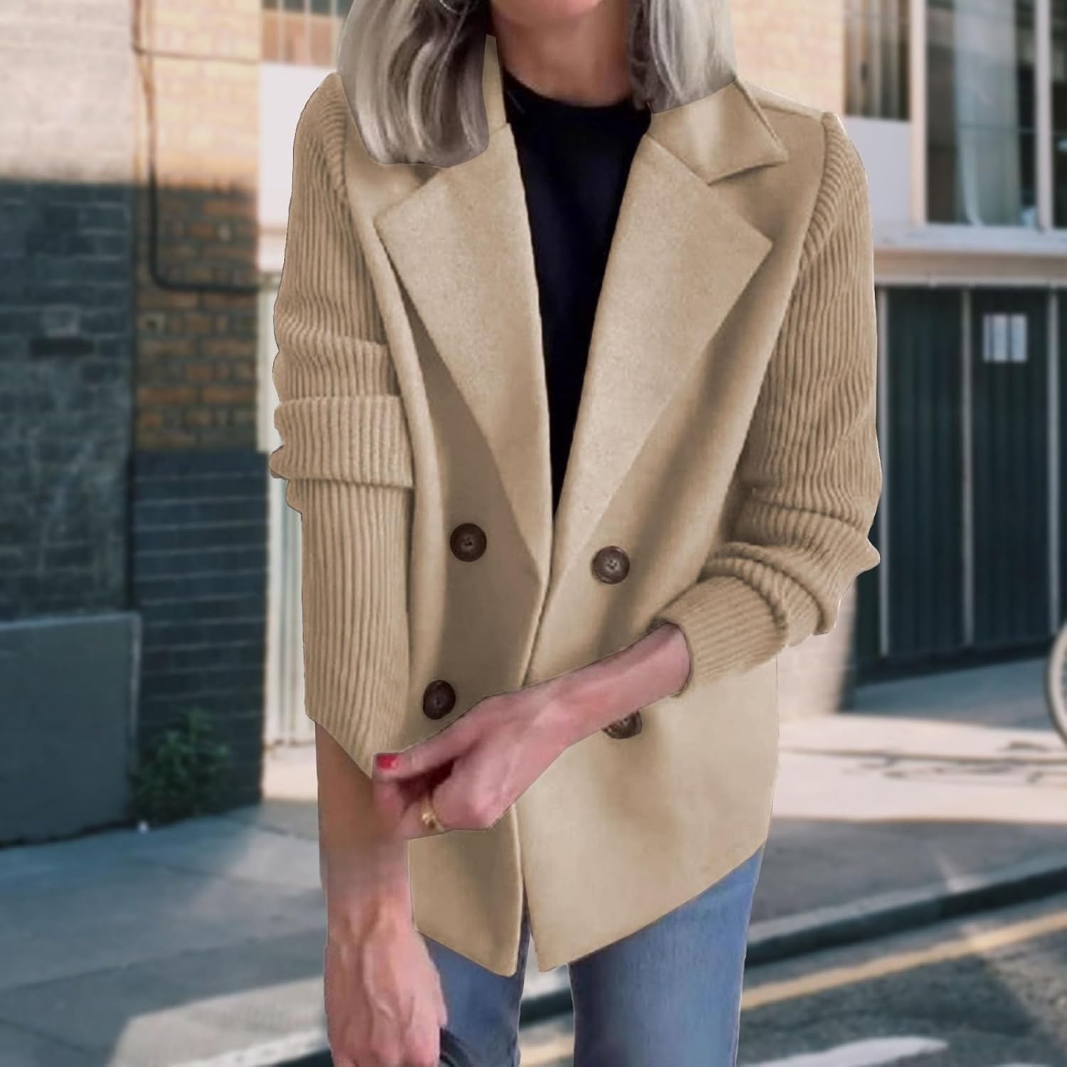 Women's Lapel Button Knitted Patchwork Sleeve Casual Coat Cropped Sweater Blazer Patchwork Jacket Business Work Coats