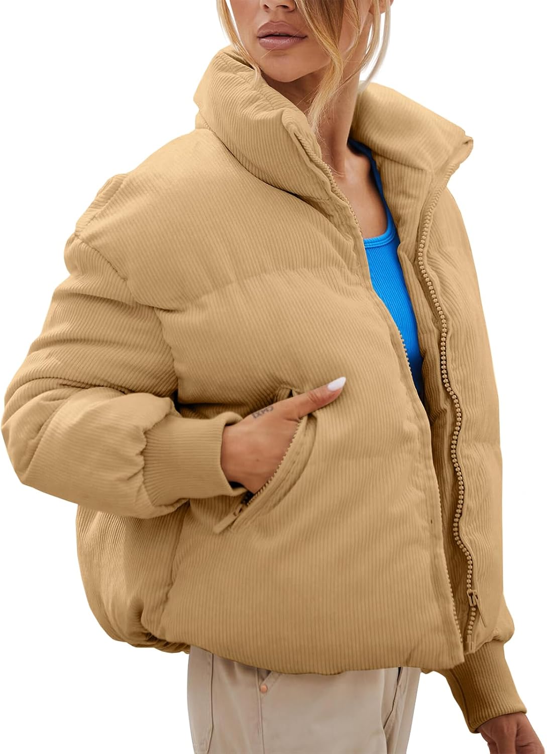 Women Corduroy Quilted Puffer Jackets Long Sleeve Zip Up Stand Winter Down Coat with Pockets