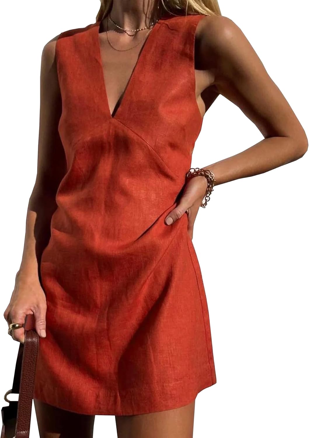 women Summer Cotton Linen V Neck Short Dress Sleeveless Mini Dress Casual A Line Tank Sundress