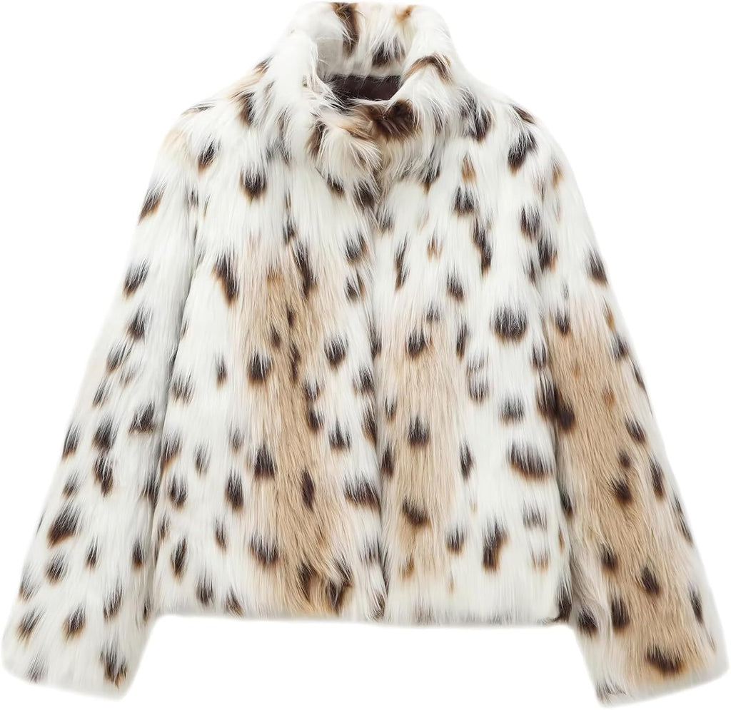 Women's Faux Fur Crop Jacket Long Sleeve Lapel Winter Warm Fluffly Leopard Pure Color Sherpa Coat