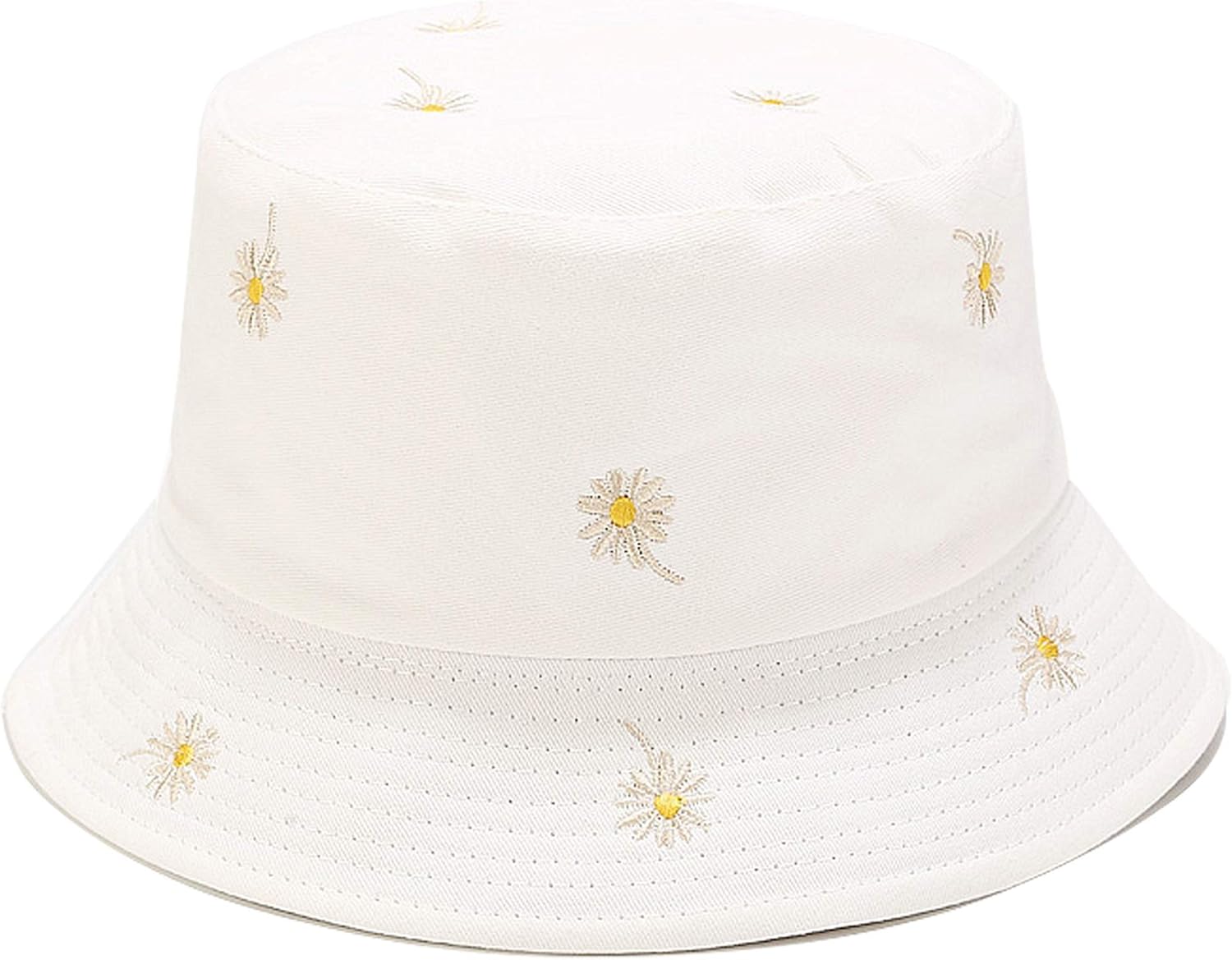 Reversible Embroidered Daisy Bucket Hat Packable Beach Sun Hat for Women Men