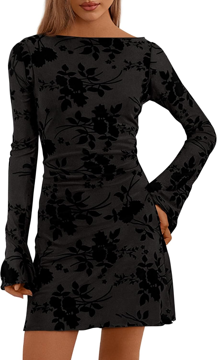 Women's  Fall Fashion Floral Long Sleeve Mini Dress Mesh Bodycon Short Party Date Night Going Out Dresses