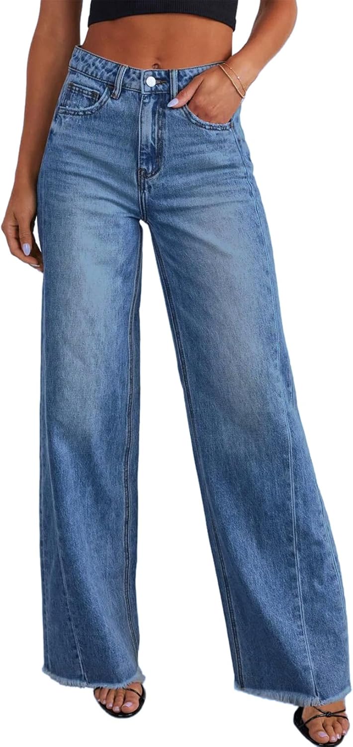 Women's Wide Leg Jeans High Waisted Stretchy Raw Hem  Denim Pants