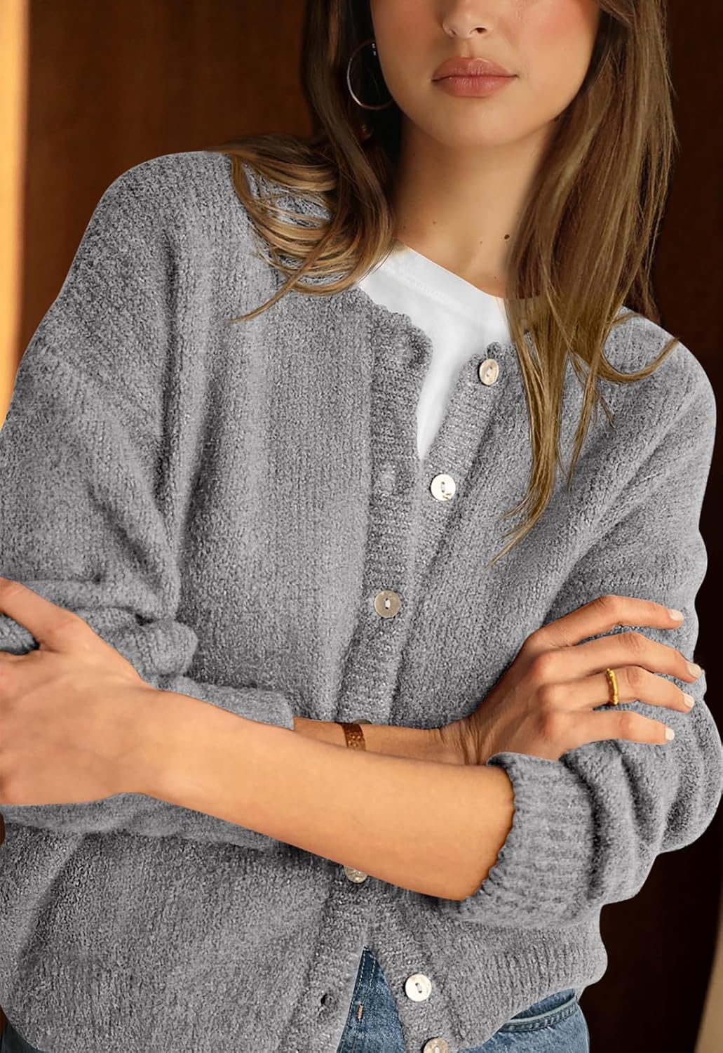 Long Sleeve Crewneck Button Down Womens Sweaters Fall Open Front Chunky Cardigan Sweaters for Women