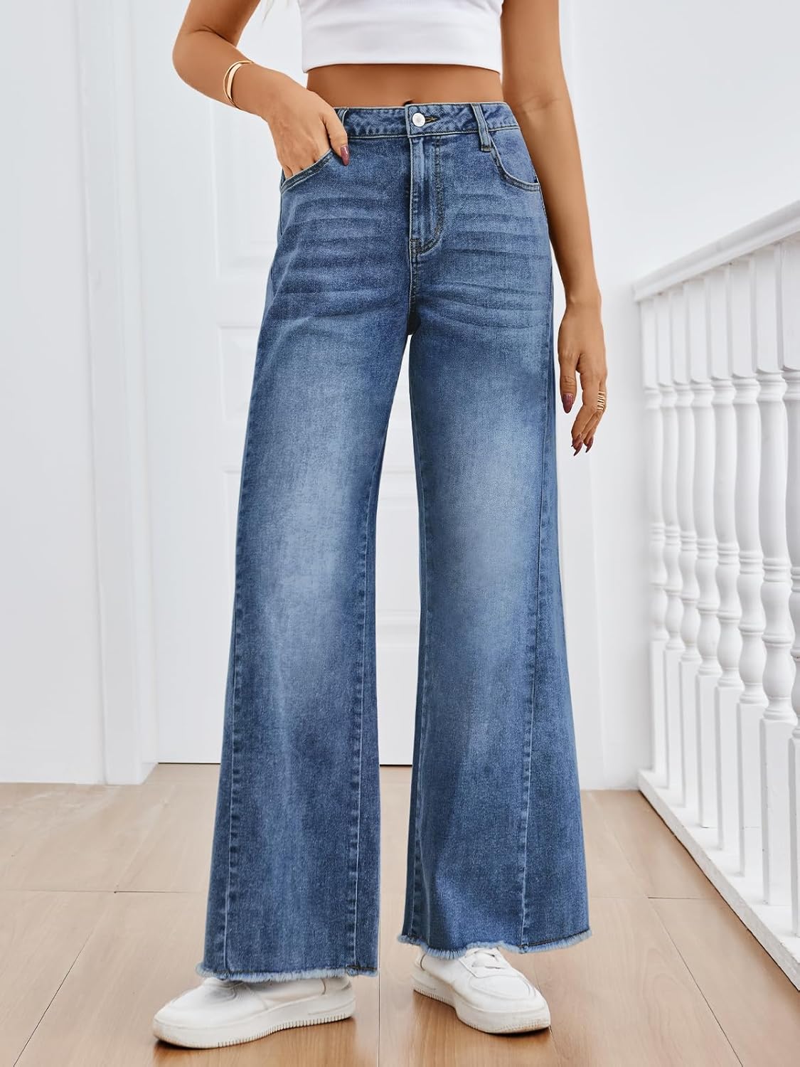 Women's Wide Leg Jeans, Relaxed Loose Straight Leg with Raw Hem, Comfort Denim Pants