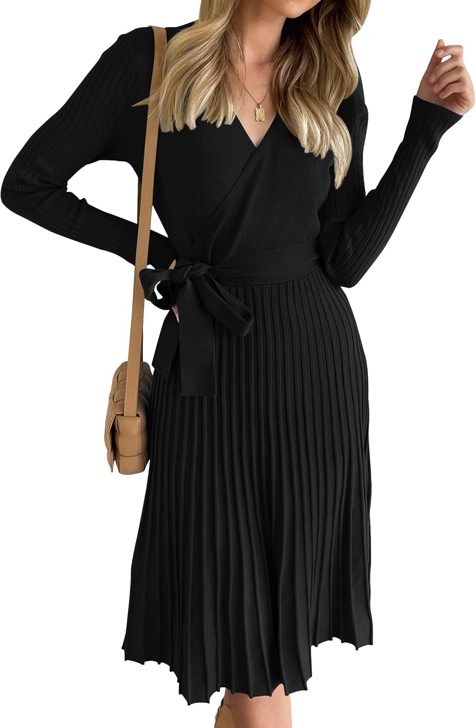 Women's Fall Long Sleeve Wrap V Neck Ribbed Knit Pleated A Line Pullover Sweater Dress with Belt
