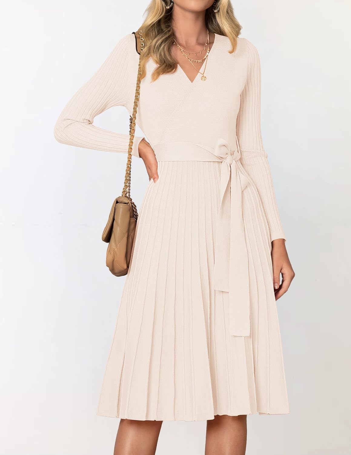 Women's Fall Long Sleeve Wrap V Neck Ribbed Knit Pleated A Line Pullover Sweater Dress with Belt