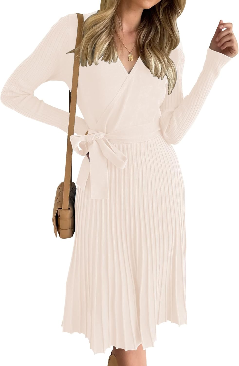 Women's Fall Long Sleeve Wrap V Neck Ribbed Knit Pleated A Line Pullover Sweater Dress with Belt