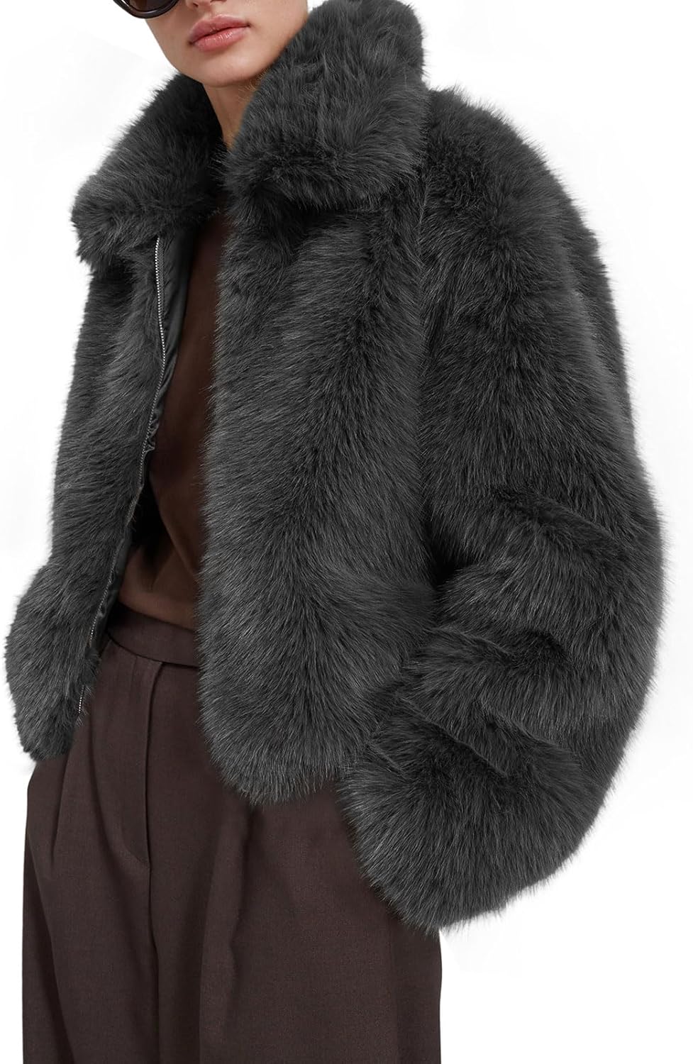 Womens Cropped Faux Fur Jacket Shaggy Lapel Zip Up Winter Coats Fuzzy Warm Outerwear