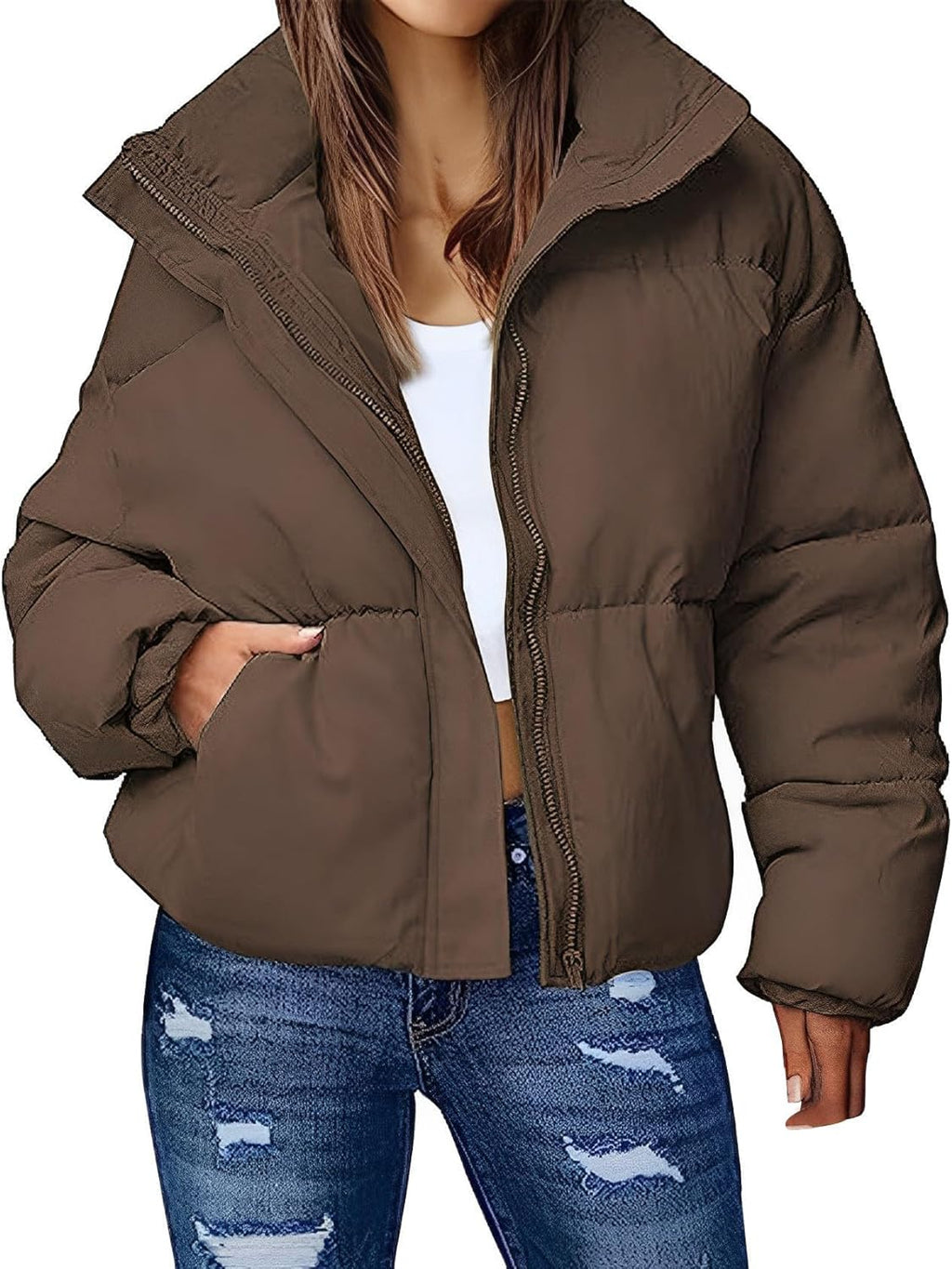 Women Cropped Puffer Jacket Zip Up Stand Collar Lightweight Quilted Padded Down Winter Warm Jackets Coats with Pockets
