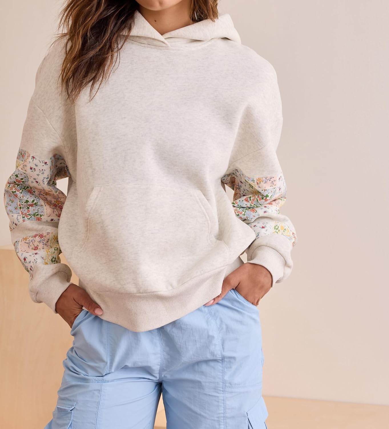 Cute Hoodies for Teen Girls Floral Embroidered Patchwork Hoodie Y2k Oversized Pullover Sweatshirt Preppy Streetwear
