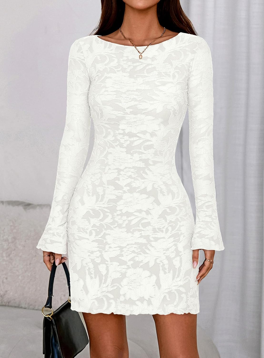 Women's  Fall Fashion Floral Long Sleeve Mini Dress Mesh Bodycon Short Party Date Night Going Out Dresses