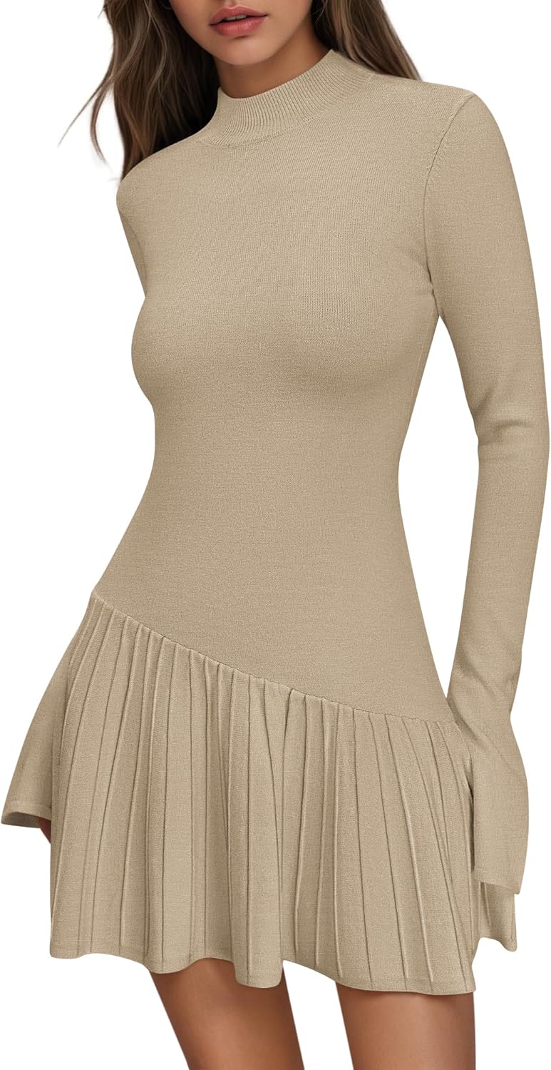 Women's Sweater Dress Crochet Ribbed Knit Ruffle Hem Flared Long Sleeve Mock Neck Mini Dress