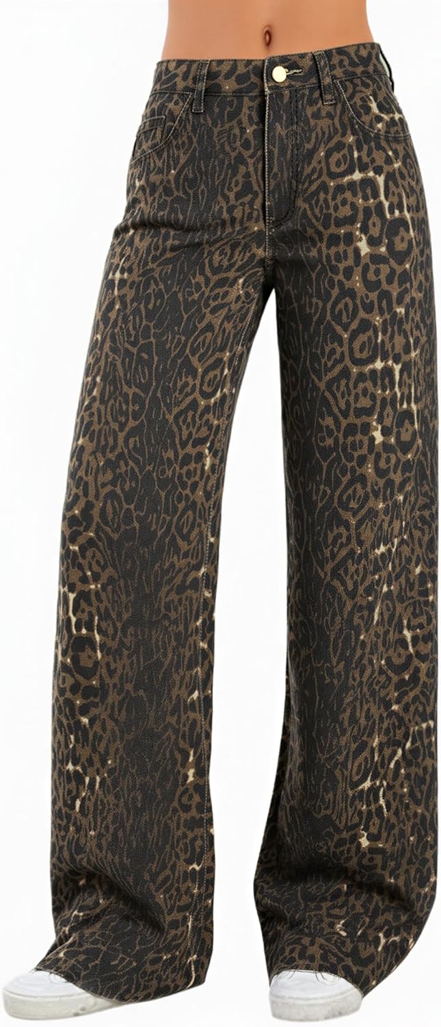 Women's  Wide Leg Jeans Distress Mid Waist Denim Pants Vintage Y2K Trousers