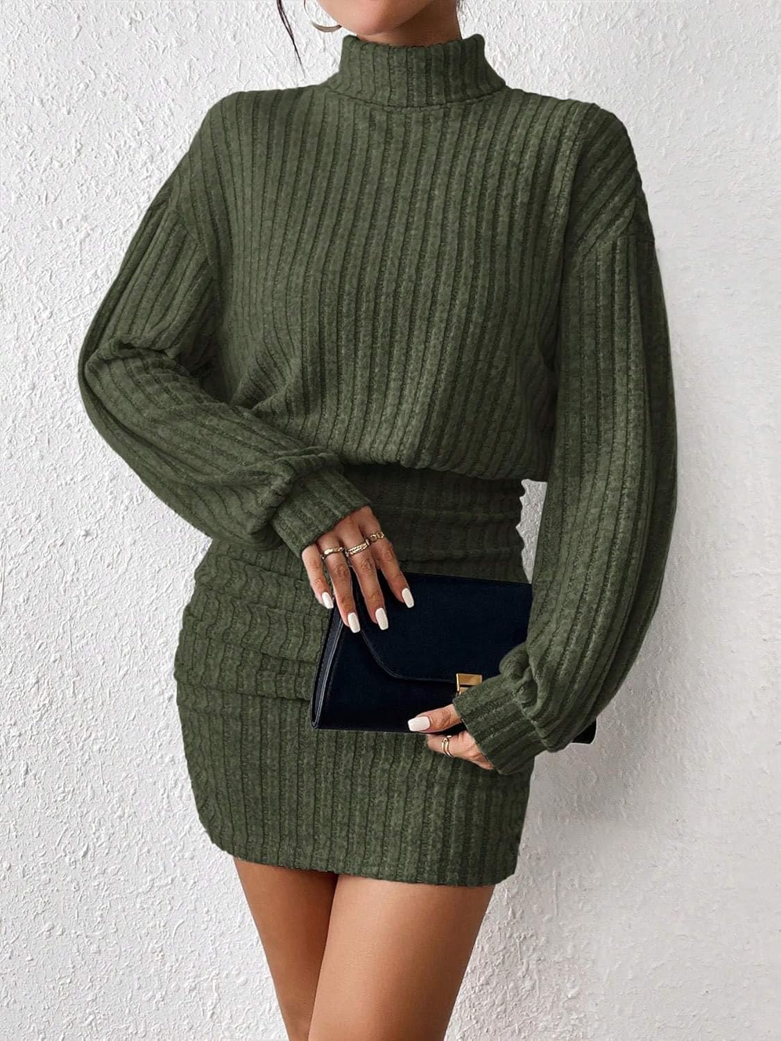 Women's Pullover Sweater Dress Long Lantern Sleeve Turtle Neck Cute Ribbed Knit Bodycon Mini Short Dress  Fall