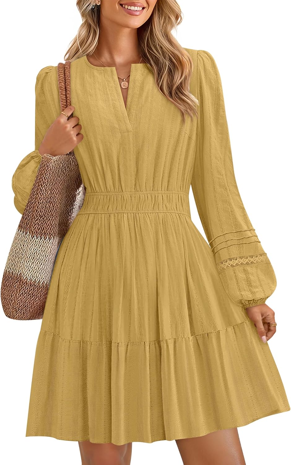 Long Sleeve V Neck Mini Dresses for Women  Fall High Waist Ruffle Pleated A Line Cocktail Party Short Dress