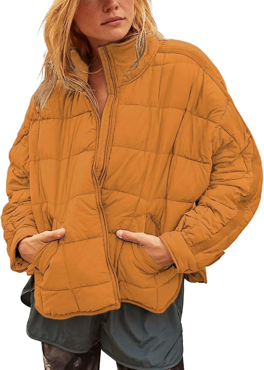 Women Packable Puffer Jacket Long Sleeve Full Zip Lightweight Quilted Coat
