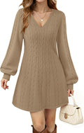 Womens V Neck Long Sleeve Cable Knit Fall Dresses Elegant Babydoll Sweater Dress