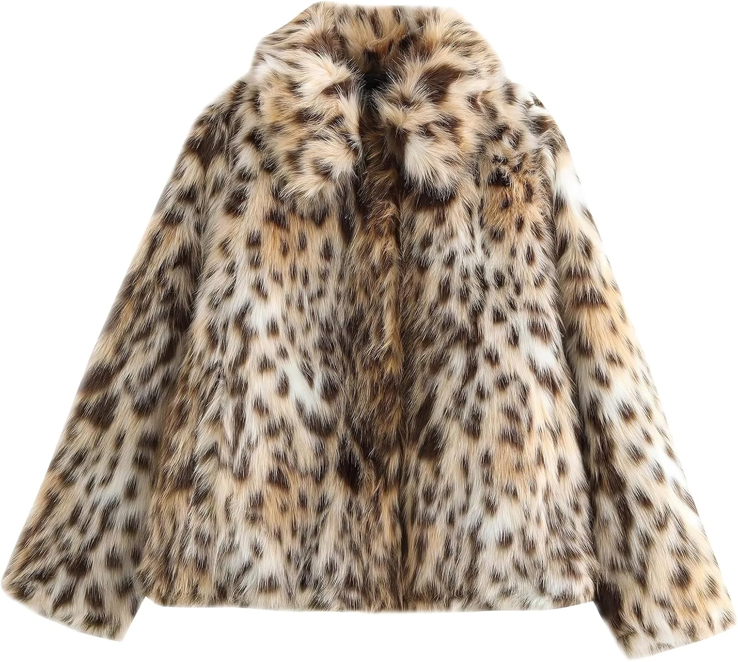 Women's Faux Fur Crop Jacket Long Sleeve Lapel Winter Warm Fluffly Leopard Pure Color Sherpa Coat